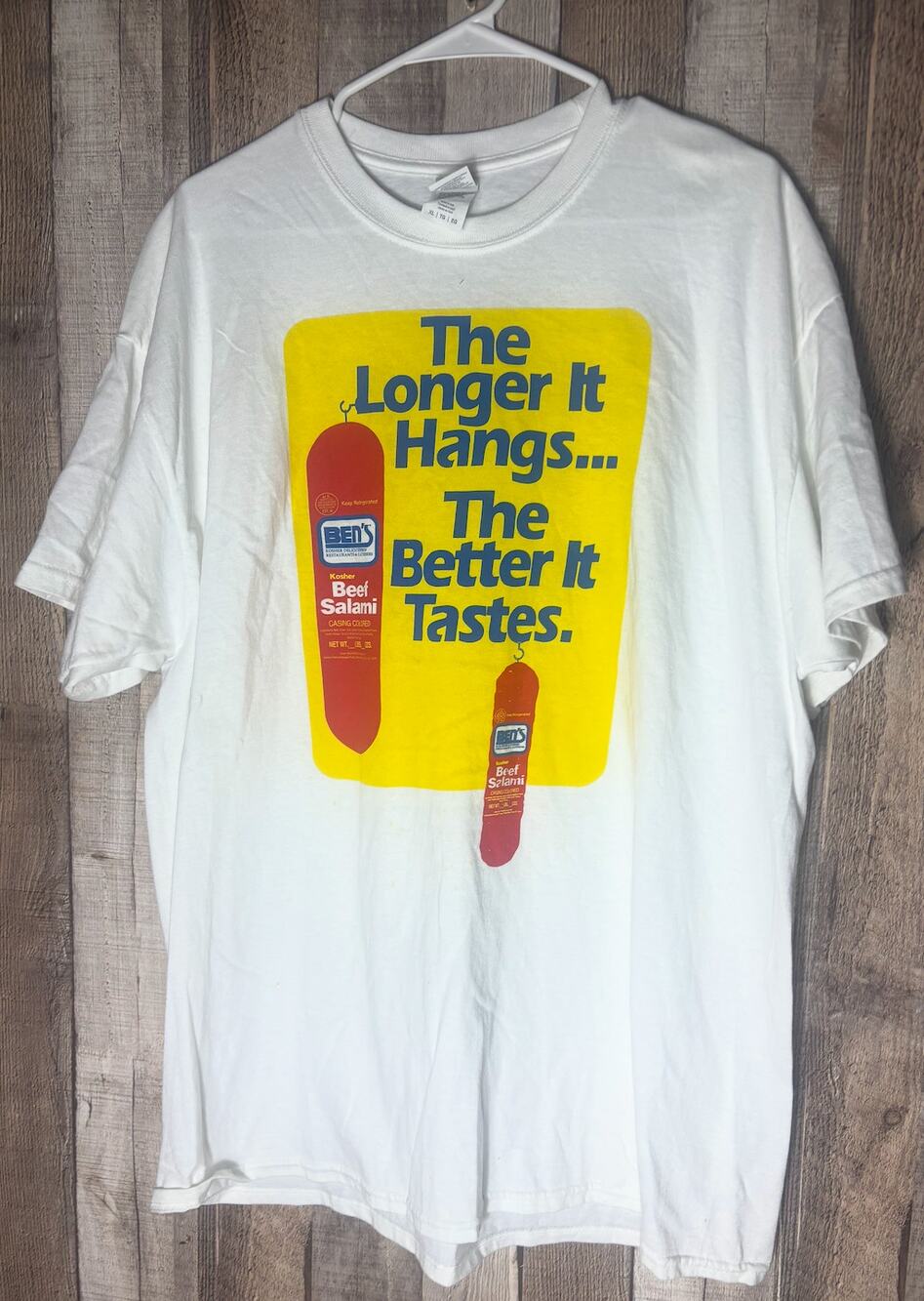 Gildan The Longer It Hangs The Better It Tastes Bens Kosher Beef Salami Shirt XL